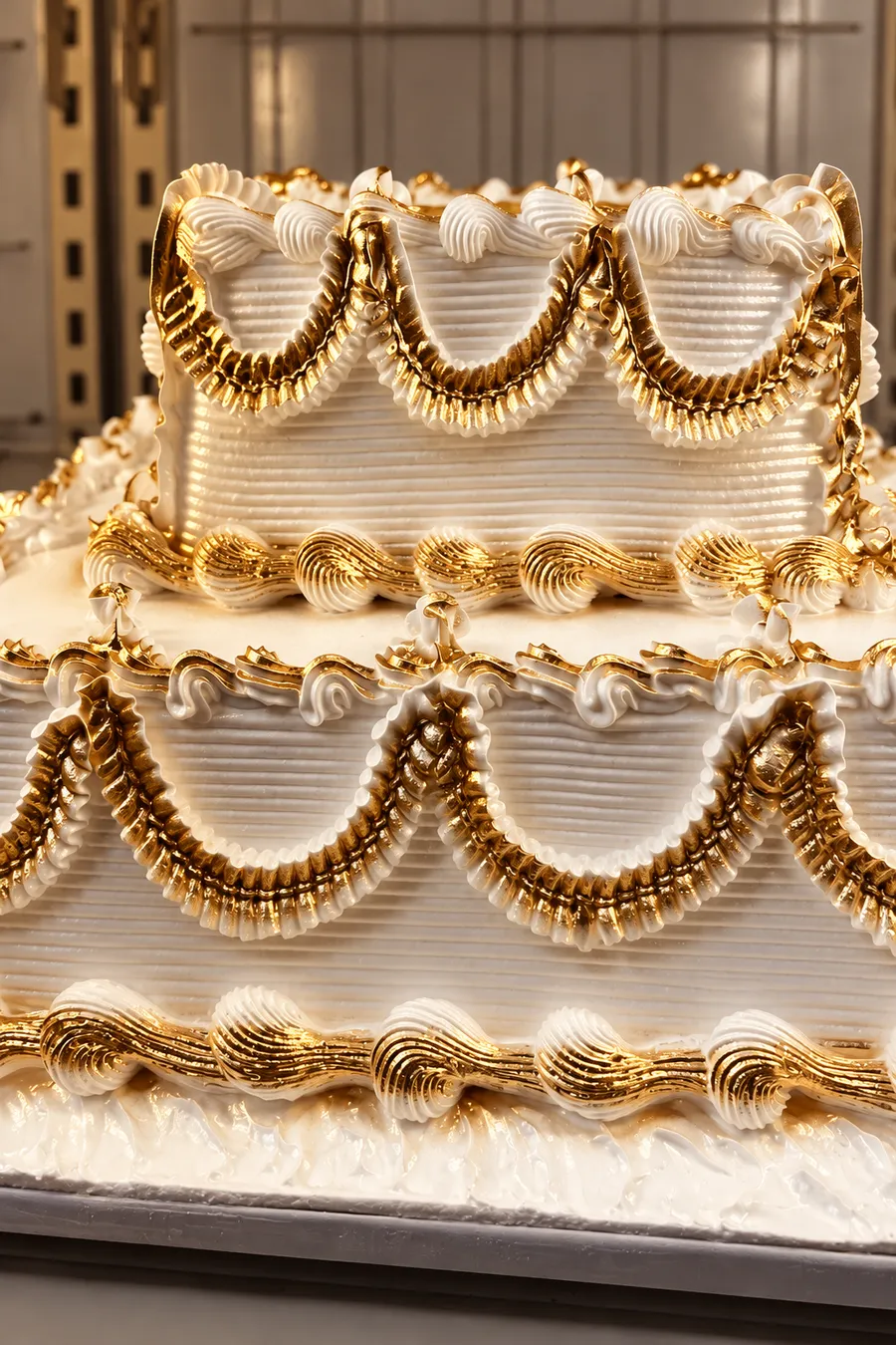 Two-tier white cake with gold piped swags
