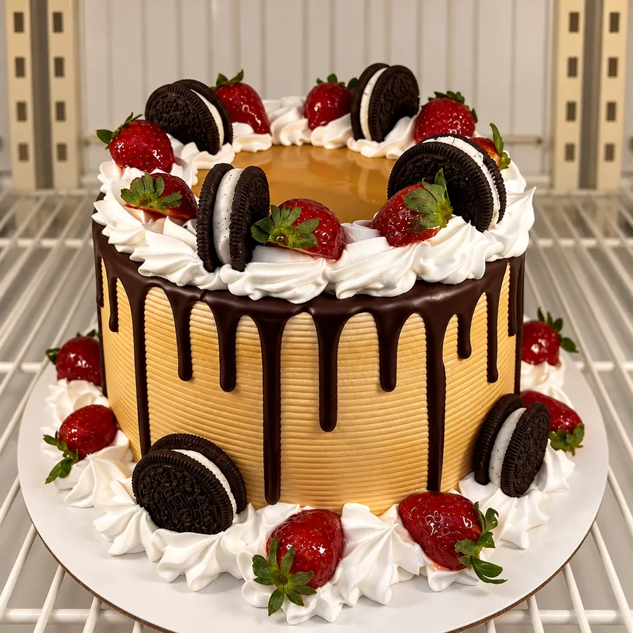 A round cake with a chocolate drip, whipped cream rosettes, Oreo cookies and strawberries