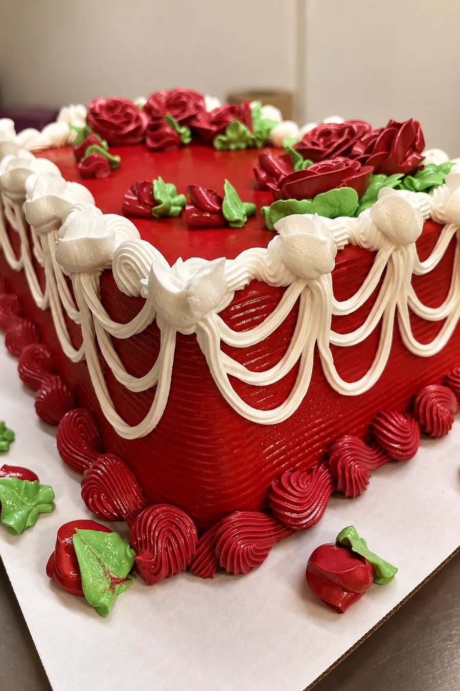 Red cake with white piped swags and red roses on top