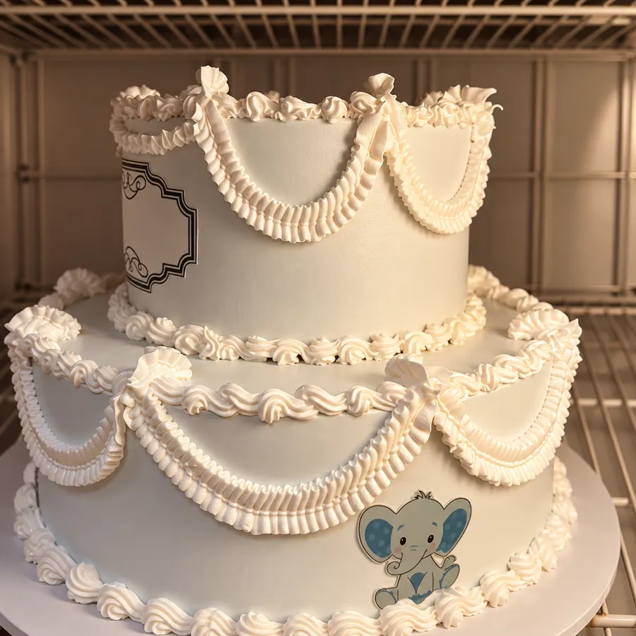 Two-tier white cake with ruffle swags and a baby elephant topper