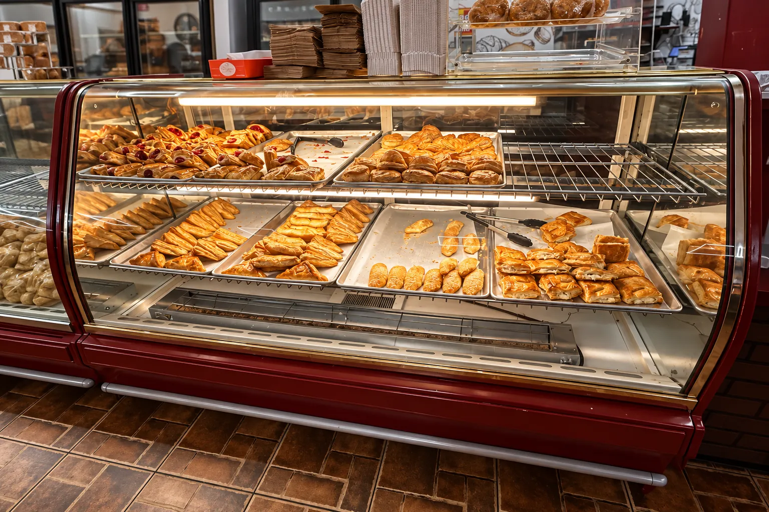 The glass pastry case at Casa Rojas Cuban Bakery, with trays of pastelitos