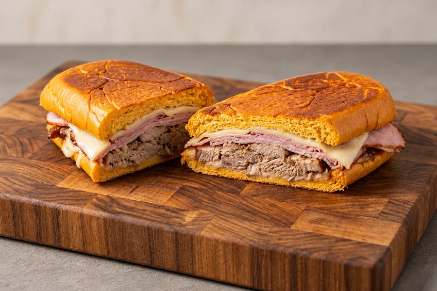 A Cuban sandwich cut in half on a wooden board