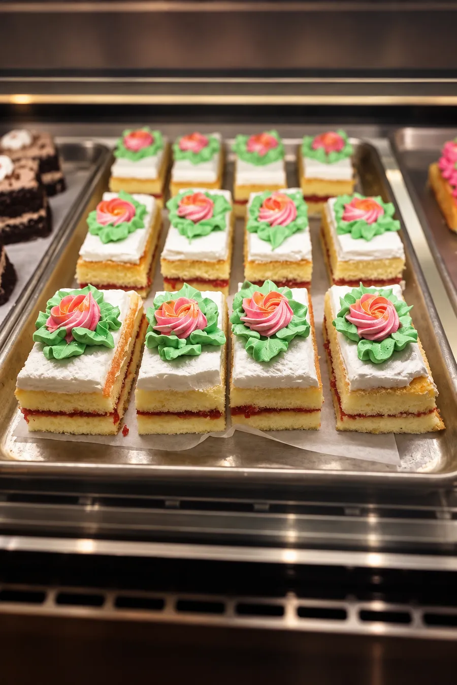 A tray of cake slices topped with pink piped roses